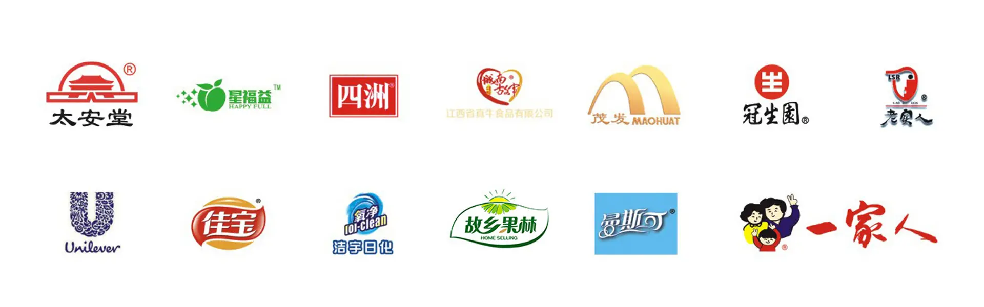 ShengWei Machine client brand logos — Unilever, 太安堂, 冠生园, 四洲 and more