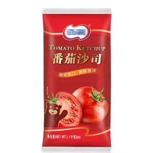 1 kg ketchup pouch in 3-side seal format — packed by SW-420F collar type liquid packing machine