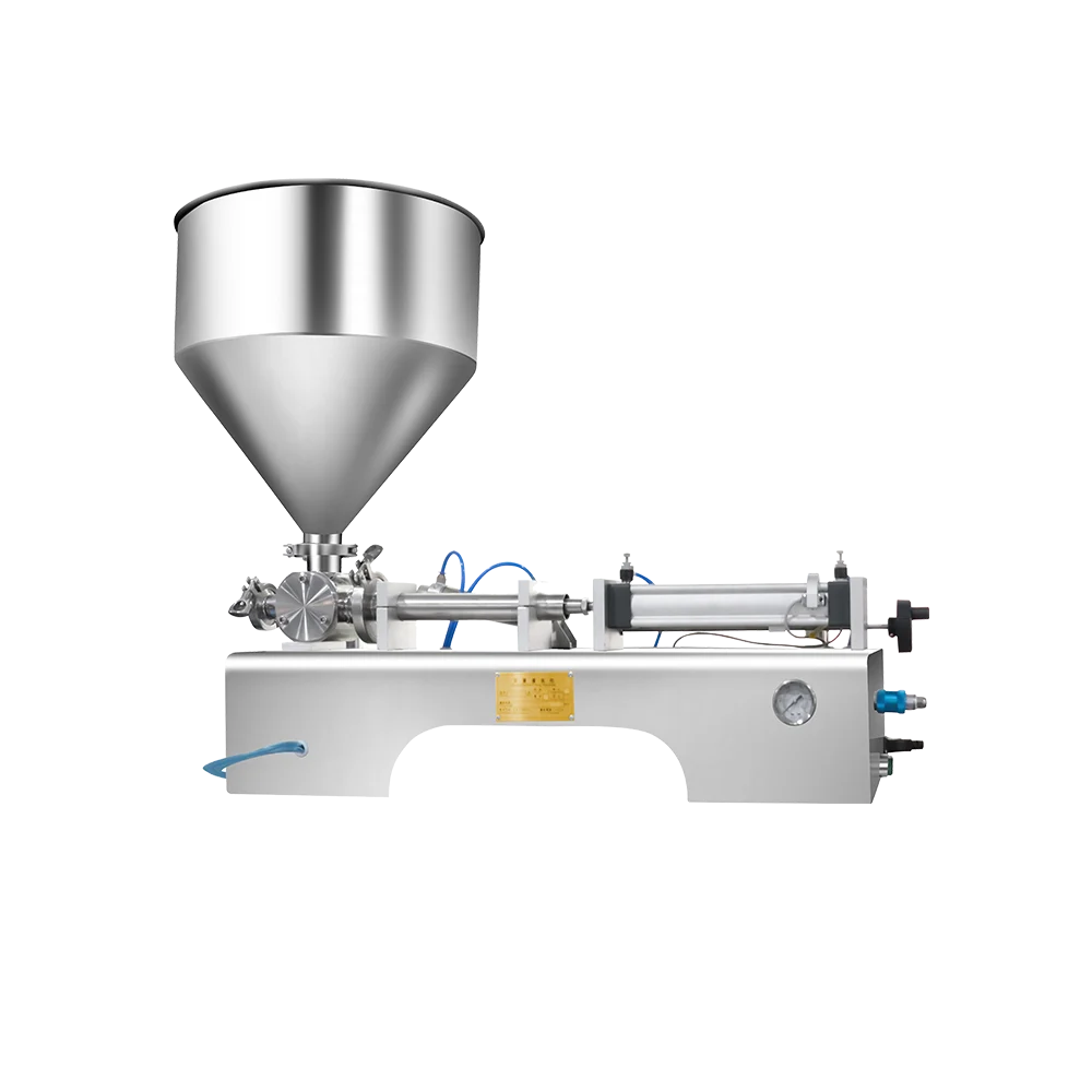 Stainless steel liquid measuring pump with large conical hopper for sauce and condiment packaging