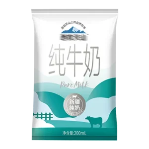 200 mL milk sachet in 3-side seal format — packed by SW-420F collar type VFFS liquid machine
