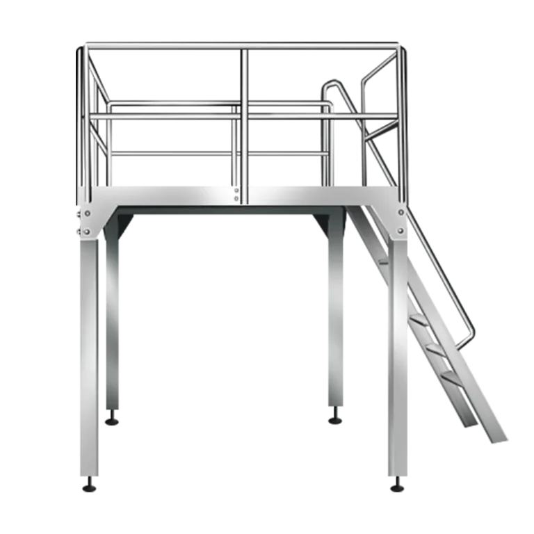 Stainless steel working platform with staircase — operator access to multi-head weigher for cleaning