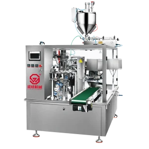 ShengWei SW-Y series liquid and paste filling machine with its hopper and dosing unit mounted above the rotary carousel