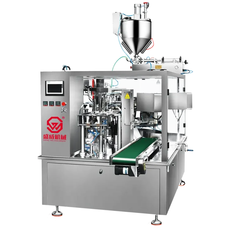 ShengWei SW-Y series premade bag liquid packing machine with metering pump and 8-station rotary carousel