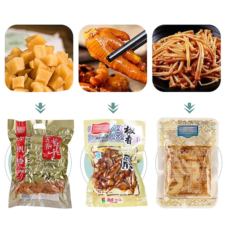 Food products before and after vacuum packaging — showing air removal and tight seal around product