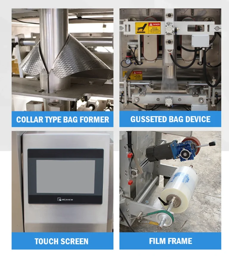 SW-320C collar type 4-head linear weigher packing machine product detail — bag forming collar, gusset device, touch screen control, and film roll frame
