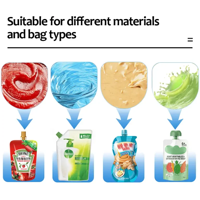 展示 SW-CCS6 机器将各种食品和液体产品灌装到不同类型吸嘴袋中的应用图示