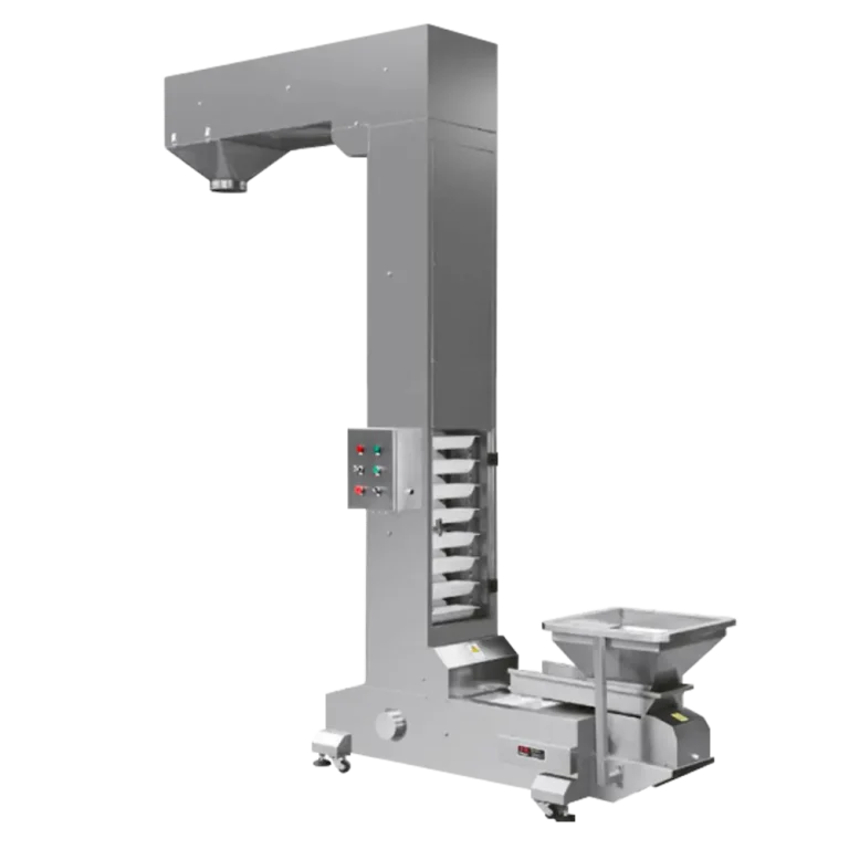 Z-type bucket elevator — stainless steel conveyor lifts granule product from ground to weigher platform