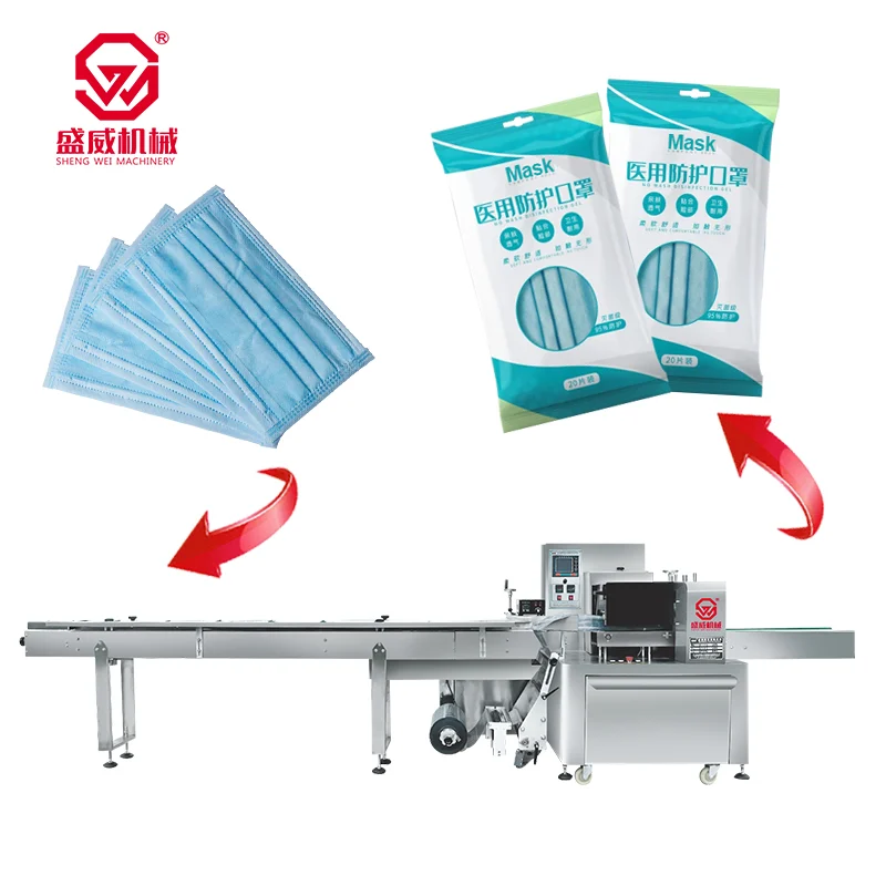 ShengWei SW-350B automatic pillow pouch packing machine with film beneath feeding — horizontal flow wrap for candy, cookies, and small solid products