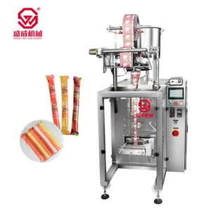 ShengWei SW-2830A jelly bar stick vertical packing machine with its stainless hopper on top and finished long narrow bags beside it