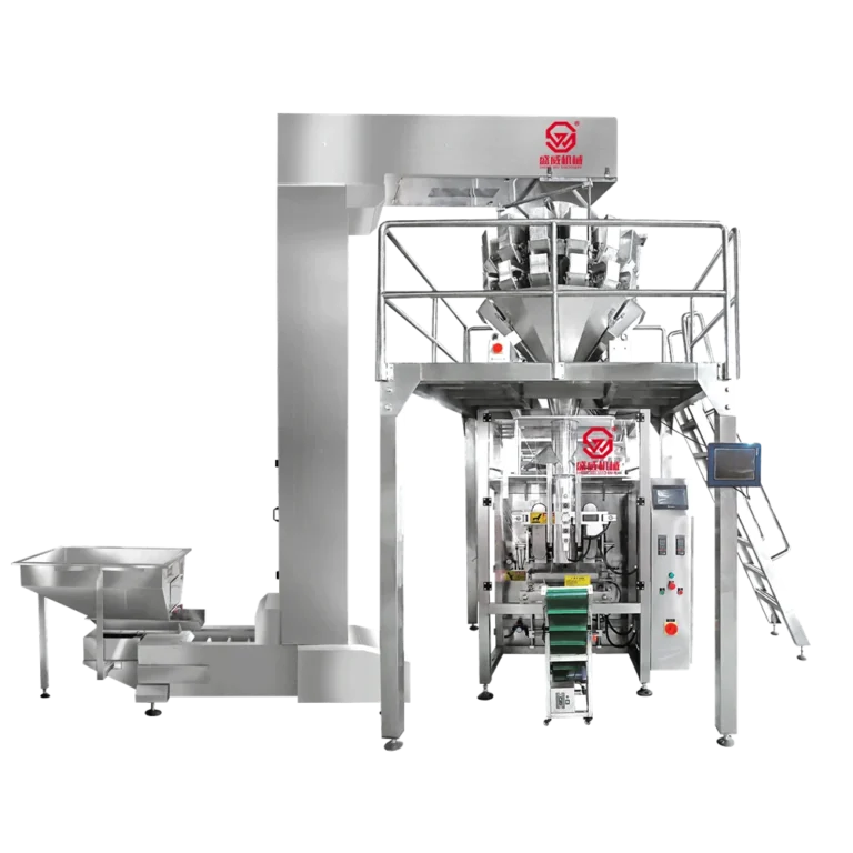ShengWei SW-420A collar type multi-heads granule weigher packing machine — vertical form-fill-seal with 10-head combination weigher for chips, nuts, and granule packaging