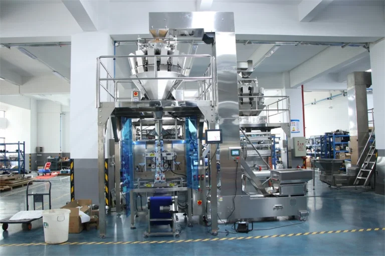 SW-420A collar type multi-head weigher packing machine front view — complete system with 10-head combination weigher, Z-type elevator, and VFFS main machine
