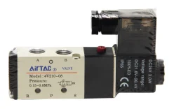 AirTAC solenoid valve controlling pneumatic end seal jaw actuation on SW-350B film beneath feeding pillow packing machine