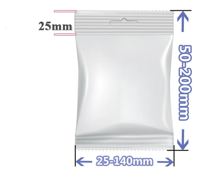 SW-2030B bag size diagram — back seal sachet dimensions showing bag width, bag length, and back seal position