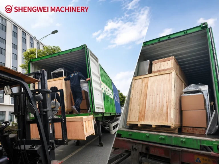 ShengWei Machinery container loading — wooden crate packed machines loaded into shipping container