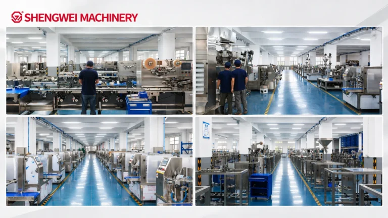 ShengWei factory production floor — four views showing assembly lines, technician inspection, and finished packaging machines