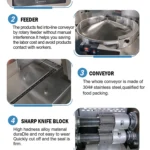 SW-1000A candy packing machine detail view showing turnplate feeding zone, film forming section, sealing area, and discharge conveyor