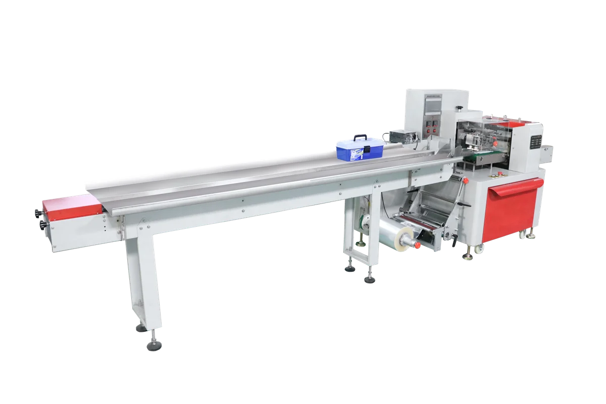SW-350B film beneath feeding pillow packing machine — compact flow wrap with bottom film roll for candy and small food products