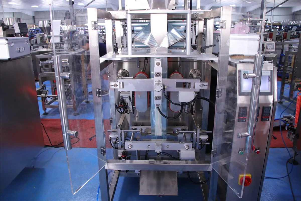 SW-420D collar type measure cups packing machine — full front view with turntable dosing system, forming collar, and safety enclosure