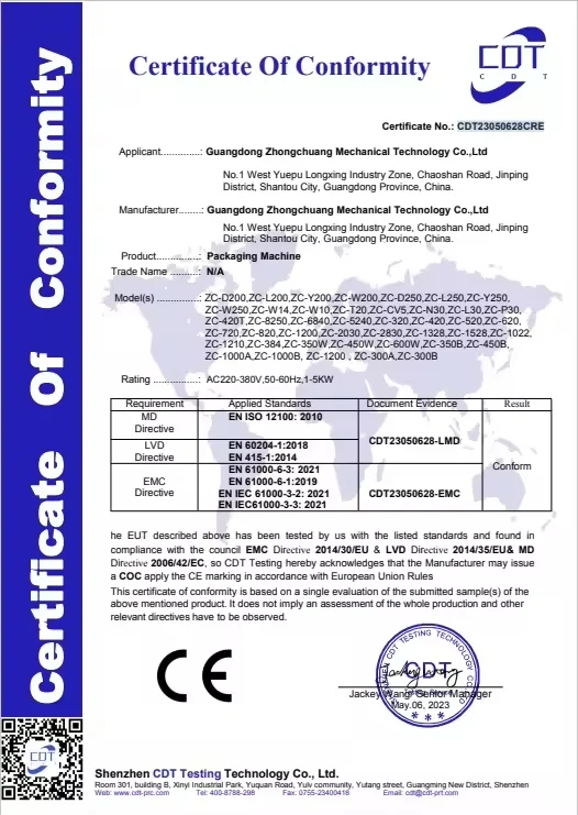 CE Certificate for ShengWei Packing Machine series — valid 2023–2028