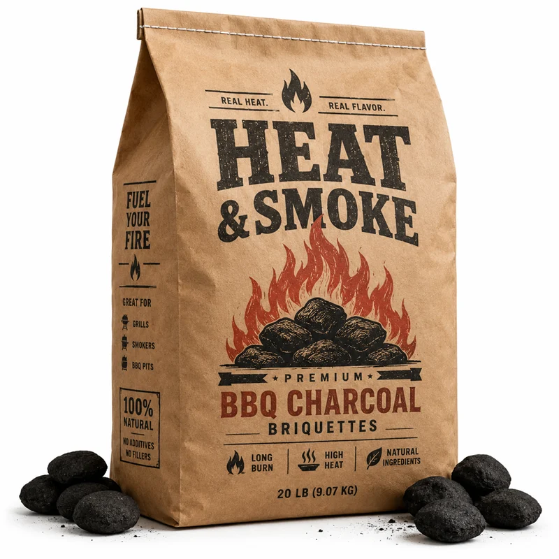BBQ charcoal briquettes in a heavy-duty kraft gusset bag