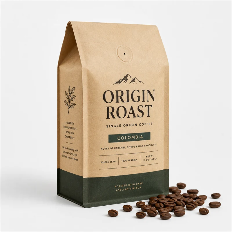 Specialty whole-bean coffee in a flat-bottom box pouch with degassing valve