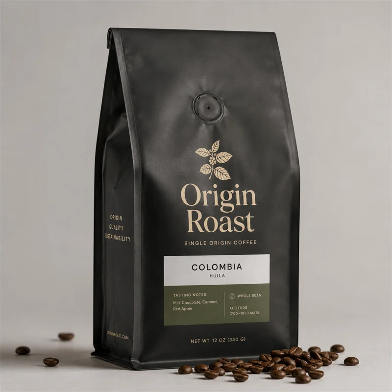 Whole-bean coffee in a side-gusset bag with one-way degassing valve