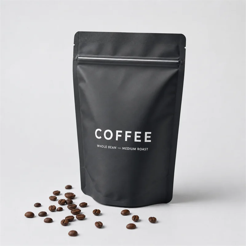 Coffee beans inside a kraft stand-up pouch with degassing valve and zipper