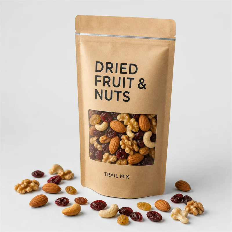 Dried fruit and nuts mix in a stand-up pouch with bottom gusset