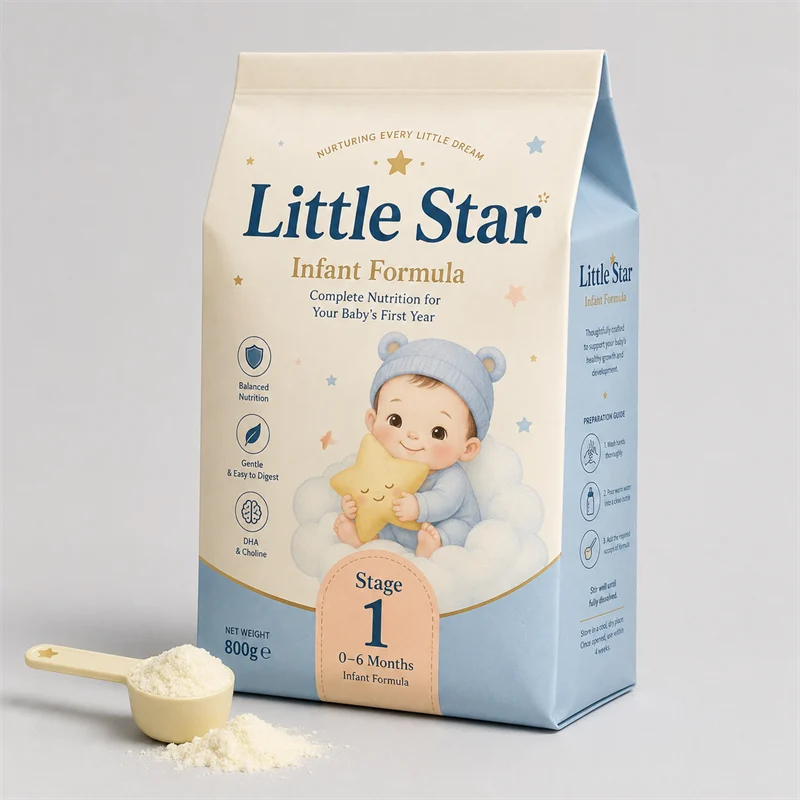 Infant formula powder in a flat-bottom box pouch baby nutrition format