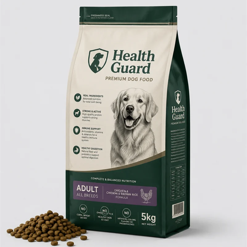 Dry pet food kibble in a large side-gusset bag