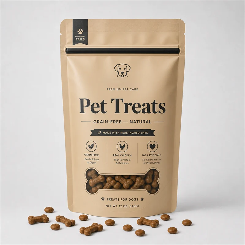 Pet treats and dry kibble inside a printed stand-up pouch