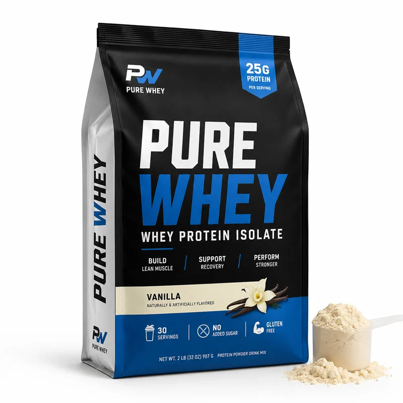 Whey protein powder in a flat-bottom box pouch sport nutrition format