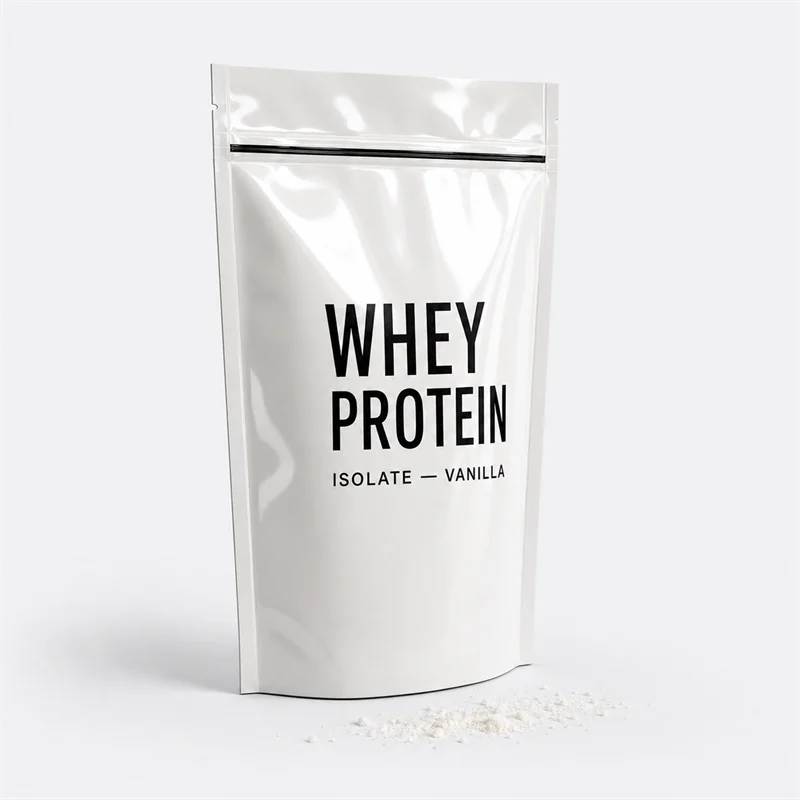 Protein powder inside a stand-up pouch with branded face