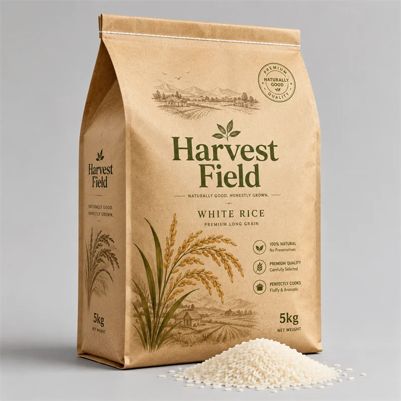 Bulk rice in a kraft side-gusset retail bag
