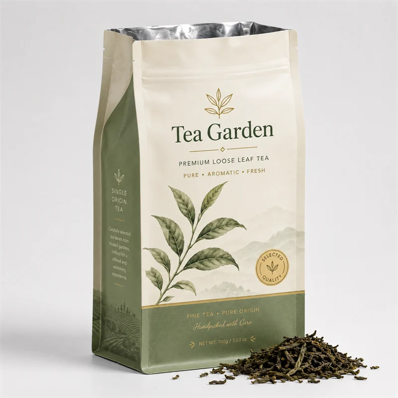 Premium loose-leaf tea in a flat-bottom box pouch with foil interior