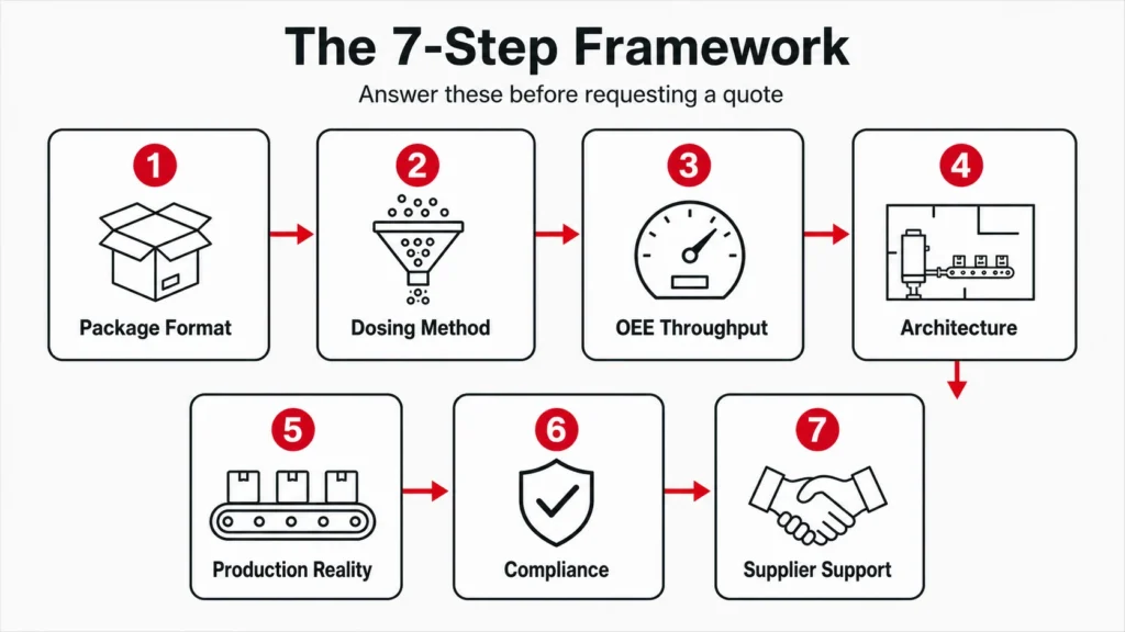 7-step decision framework for choosing the right packaging machine — Package Format, Dosing Method, OEE Throughput, Architecture, Production Reality, Compliance, Supplier Support