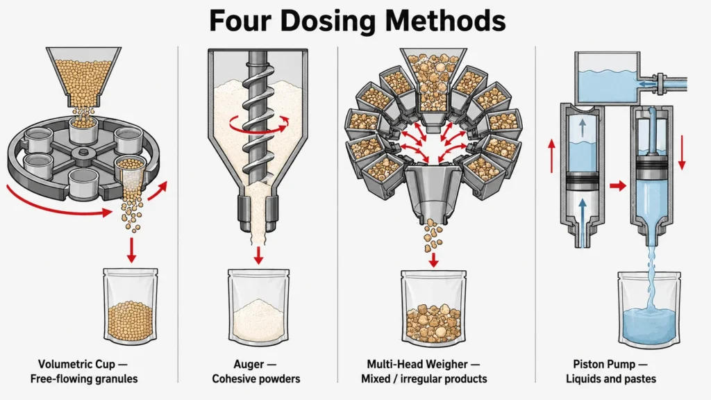 Four packaging dosing methods compared — volumetric cup for granules, auger for cohesive powders, multi-head weigher for mixed products, and piston pump for liquids