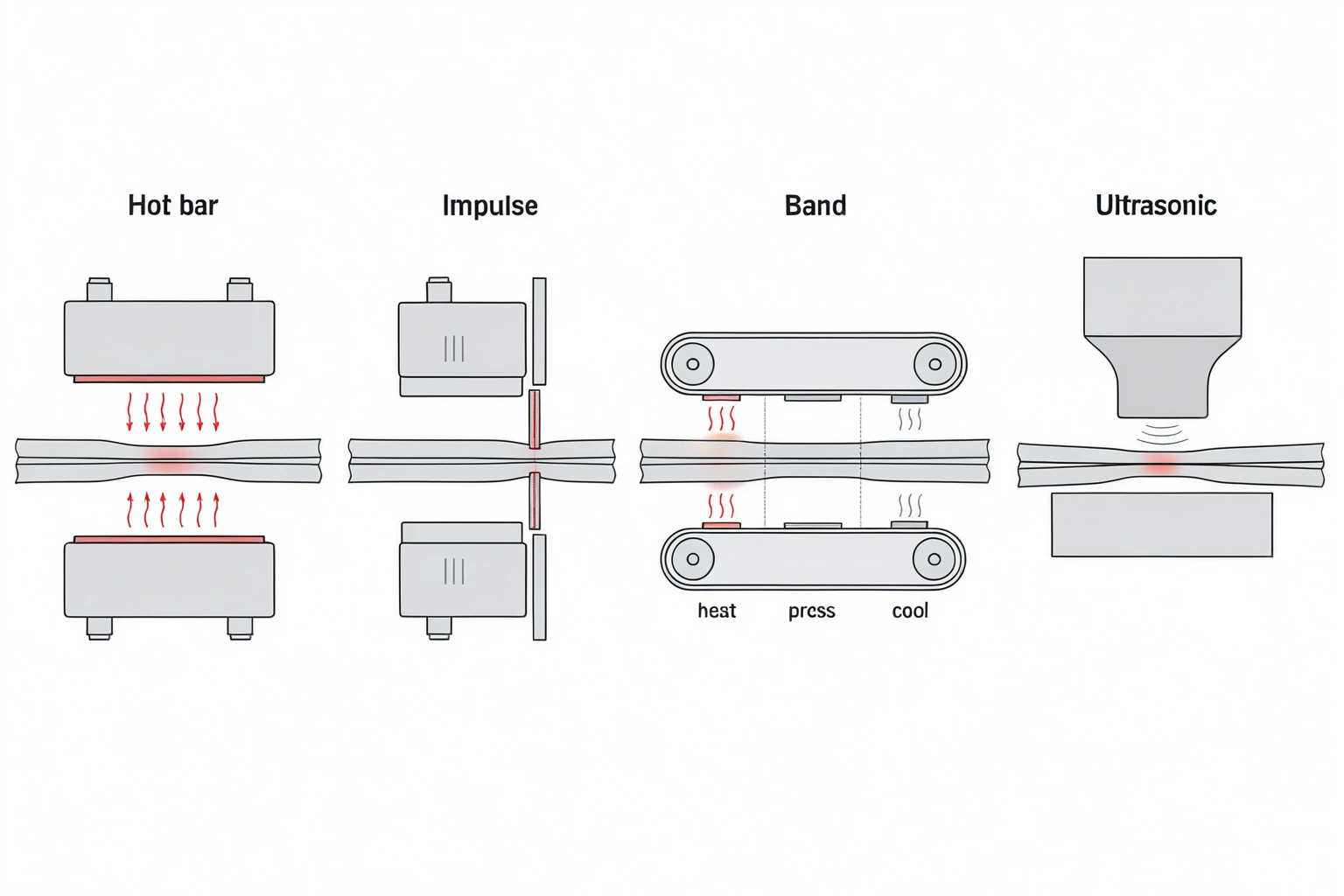 Cross-section comparison of four sealing methods — constant-heat hot bar, impulse ribbon, continuous band, and ultrasonic — showing where heat is generated in each