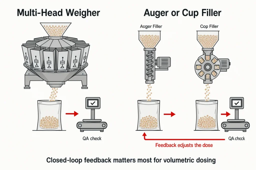 A multi-head weigher uses a downstream checkweigher only for QA, while an auger or cup uses it as the primary loop that adjusts the dose