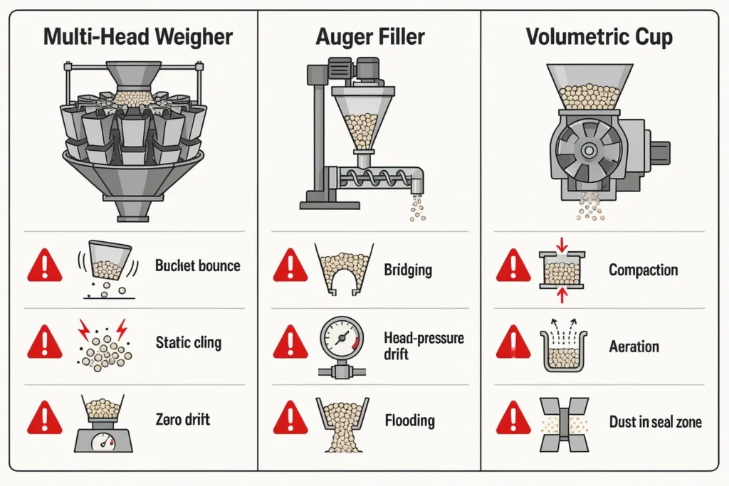 Common failure modes by method — weigher bounce, static and drift; auger bridging, head-pressure and flooding; cup compaction, aeration and dust