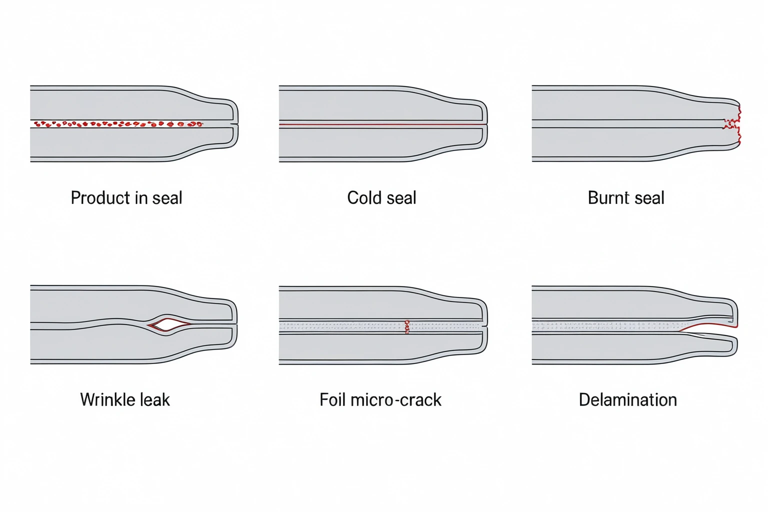 Diagram of common seal failure modes — product-in-seal channel, cold seal, burnt seal, wrinkle leak, barrier-foil crack and delamination