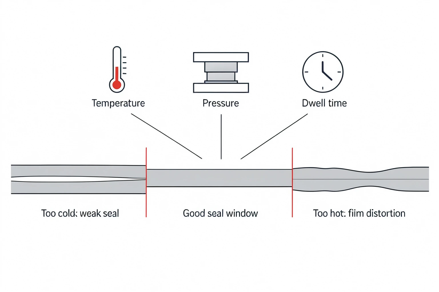 The sealing process window where temperature, pressure and dwell time overlap to give a good seal, bounded by cold weak seals on one side and film distortion on the other