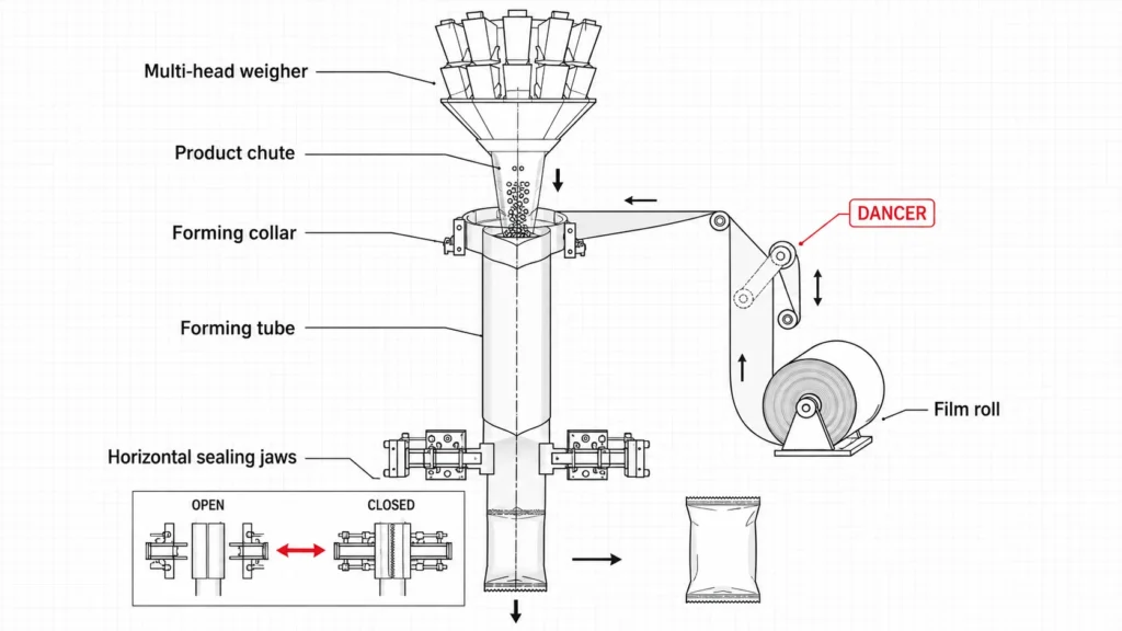 Side-view technical schematic of a Vertical Form-Fill-Seal machine architecture showing multi-head weigher above, product chute, forming collar, vertical forming tube, film roll with tensioning dancer arm, and horizontal sealing jaws at bottom with open and closed positions