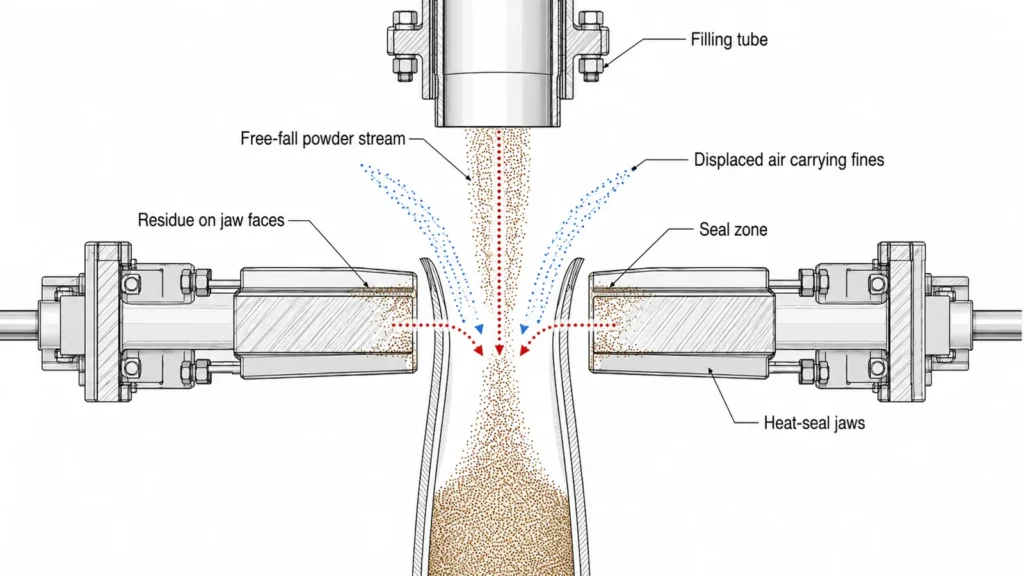 Cross-section of a form-fill-seal pouch showing three dust paths reaching the seal zone: free-fall powder stream, displaced air carrying fines upward, and residue on the heat-seal jaw faces