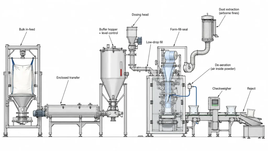 Side-view schematic of a complete powder packaging line: bulk in-feed, enclosed transfer, buffer hopper with level control, dosing head, low-drop fill into a form-fill-seal bagger, checkweigher and reject, with separate dust-extraction and de-aeration branches