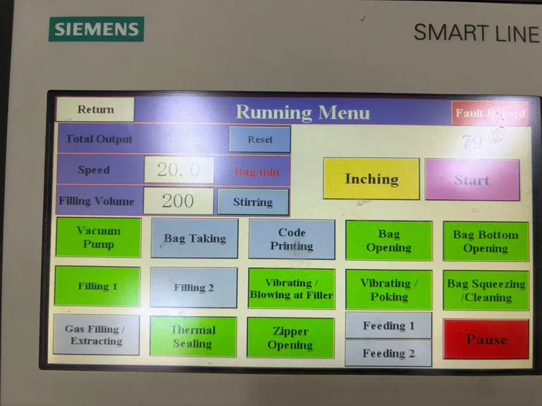 Siemens touch-screen operating menu of an eight-station premade pouch machine showing a speed reading of 20 bags per minute