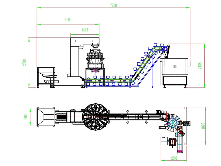 Layout drawing in side and top view of a ten-head weigher, bowl conveyor and pouch machine with overall dimensions in millimetres
