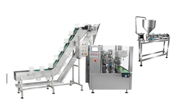 Render of a bowl conveyor feeding a premade pouch machine, with a sauce filling unit on a stand beside it