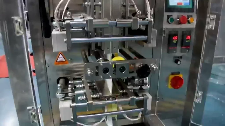 Film forming and sealing station of a vertical powder packing machine with temperature controllers and an emergency stop switch